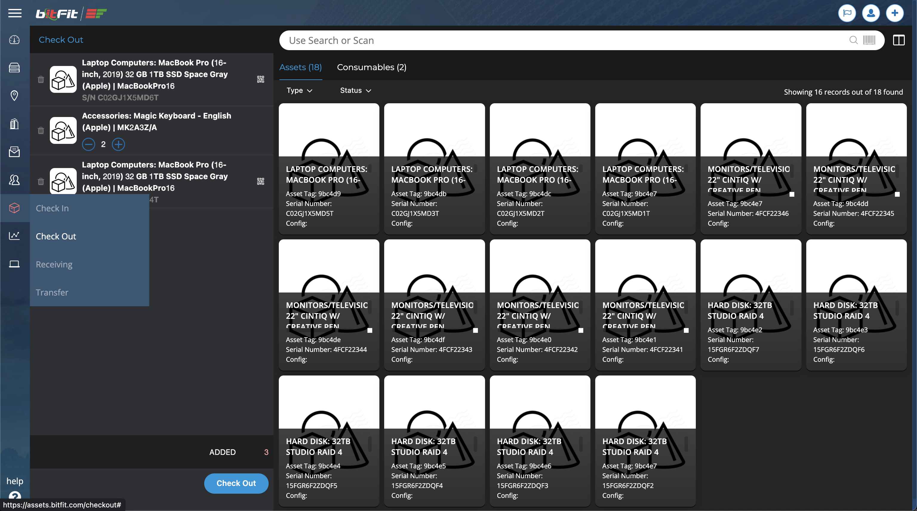 Bulk Check Out, Check In, Receiving, & Transfer Pages Image